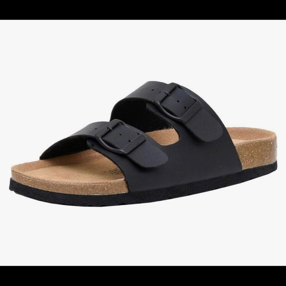 NEW!! Black Nappa CUSHIONAIRE Women's Lane Cork Footbed Sandal with +Comfort